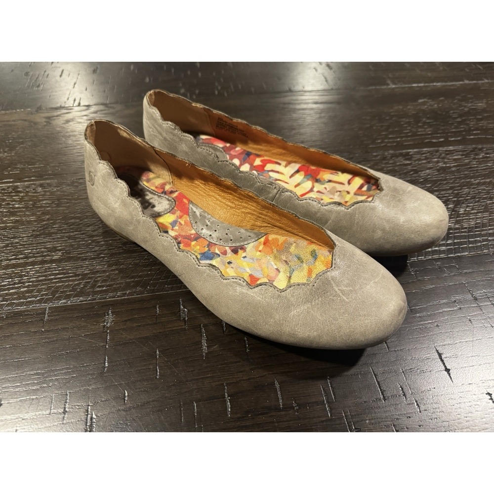 Born Allie Scalloped Ballet Flats Gray Leather Womens Comfort Shoes Size 8 M
